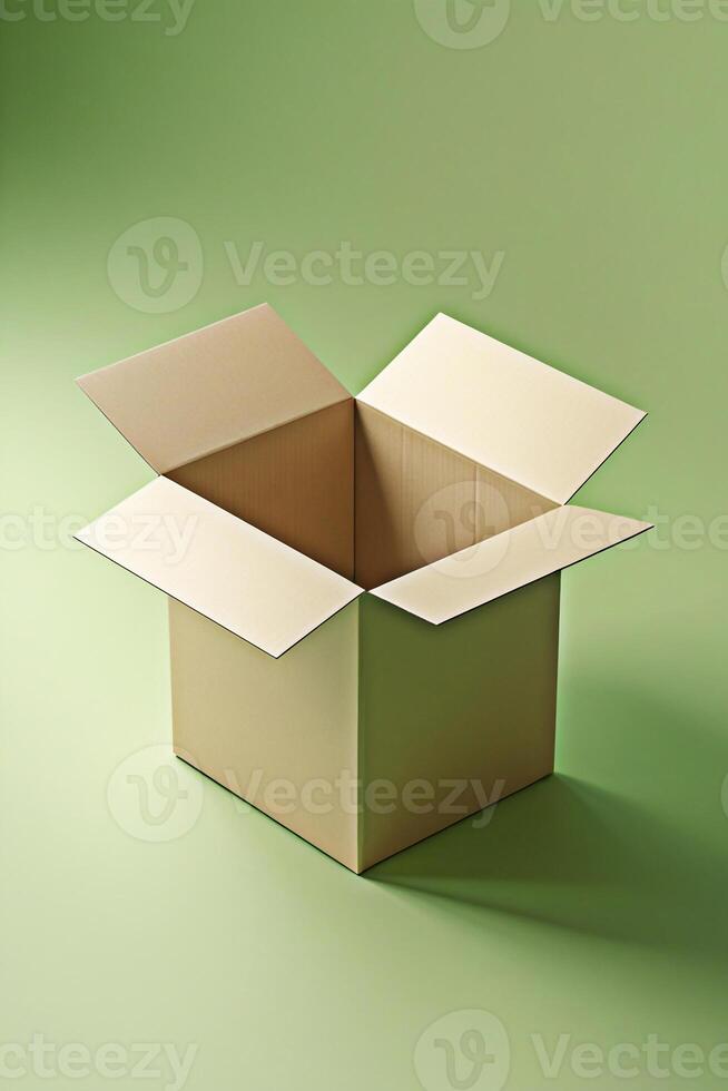 Top View of Open Beige Cardboard Box on Lime Green Background Clean Packaging Mockup with Even Lighting photo