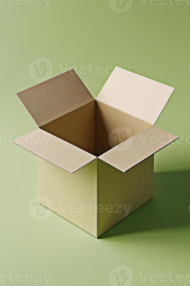 Top View of a Open Beige Cardboard Box on Lime Green Background Clean Packaging Mockup with Even Lighting photo