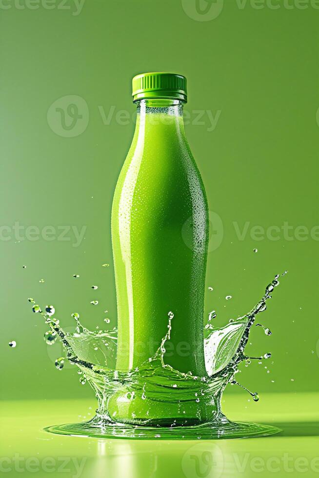 Dynamic 3D Render of Lime Green color Juice Bottle with Water Splash Radiant, Energetic CGI on Vibrant Monochrome Background photo