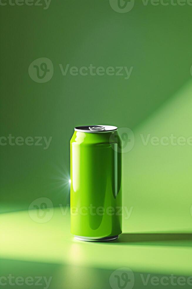 Stylized 3D Render of Green Juice Can on Matte Background Bright, Playful CGI with Dramatic Lighting and Depth photo