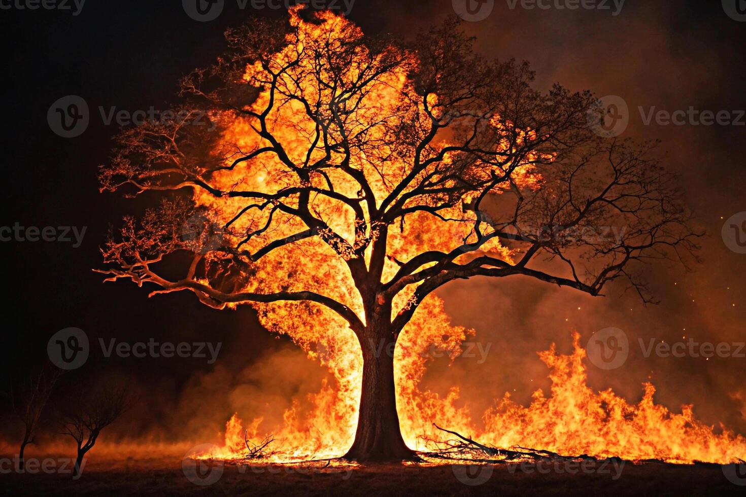 Burning Tree at Night with Spreading Flames and Intense Firelight photo