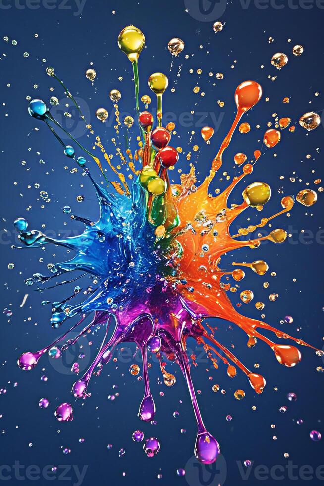 Colorful Liquid Splash in Mid Air on Dark Blue Background with Vibrant Motion photo