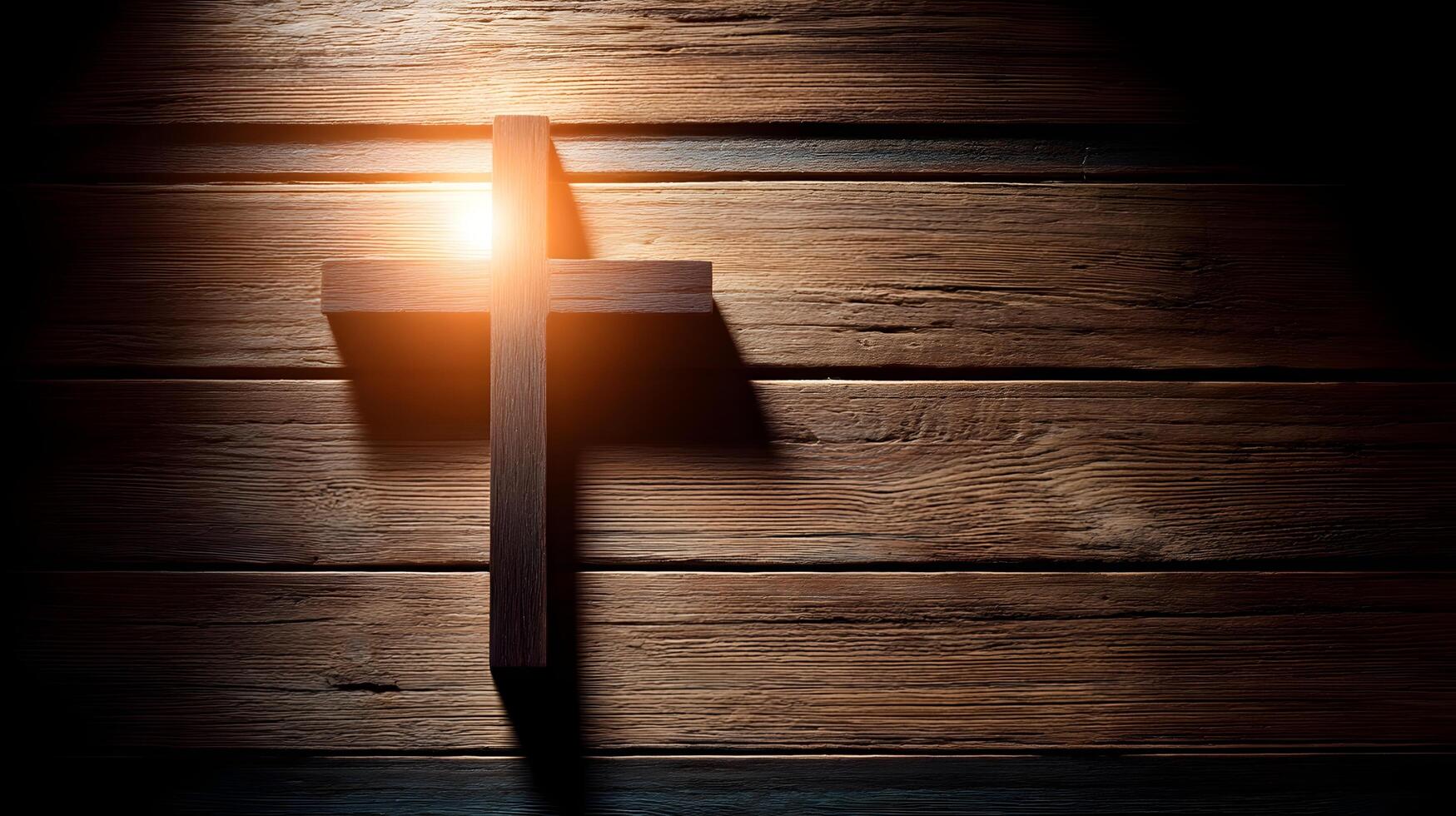 Illuminated Christian cross on wooden surface photo