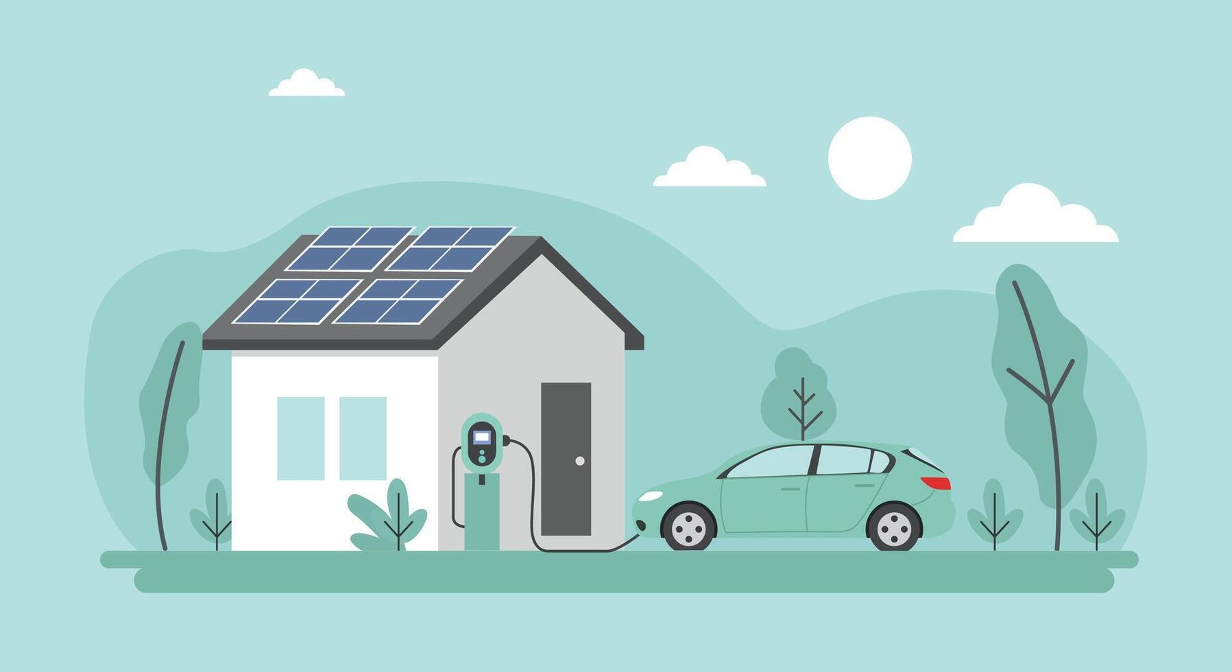 Eco-Friendly Home Solar Electric Car Sustainable House Green Energy Illustration vector