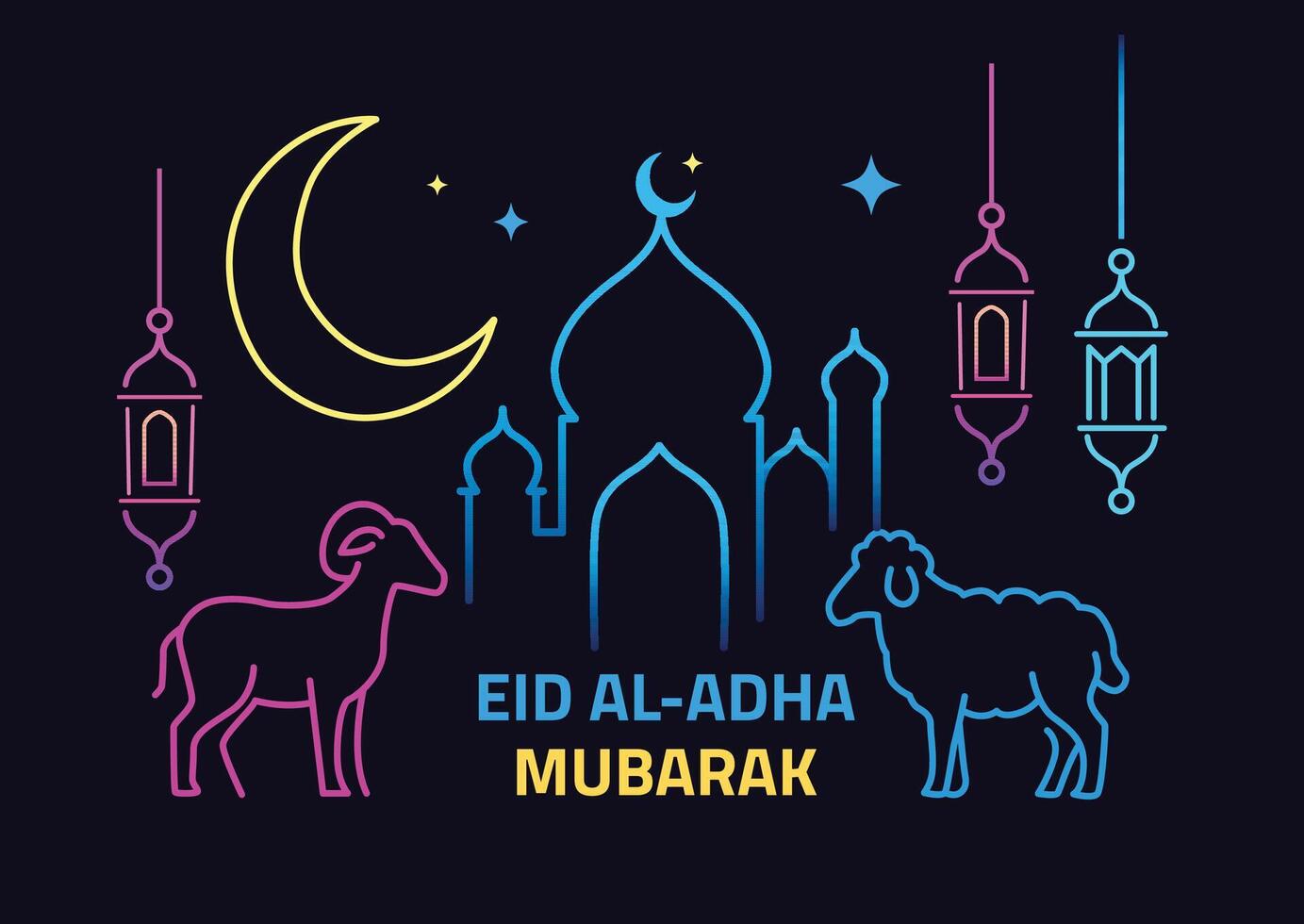 Neon Line Art Eid al-Adha Mubarak Vibrant Eid Festival Greeting Design vector