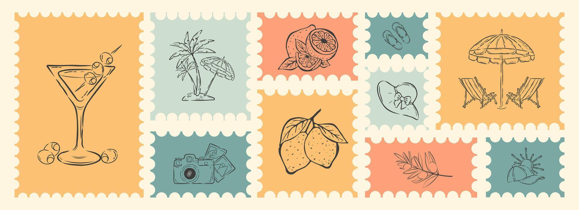 Vintage Post Card Stamp Set with Doodle Hand Drawn Icons. Retro Style Summer Element Scenery Postage Sticker Collection, Travel Destination Mail, Beautiful Tourism Card, Beach Vacation Postage. vector