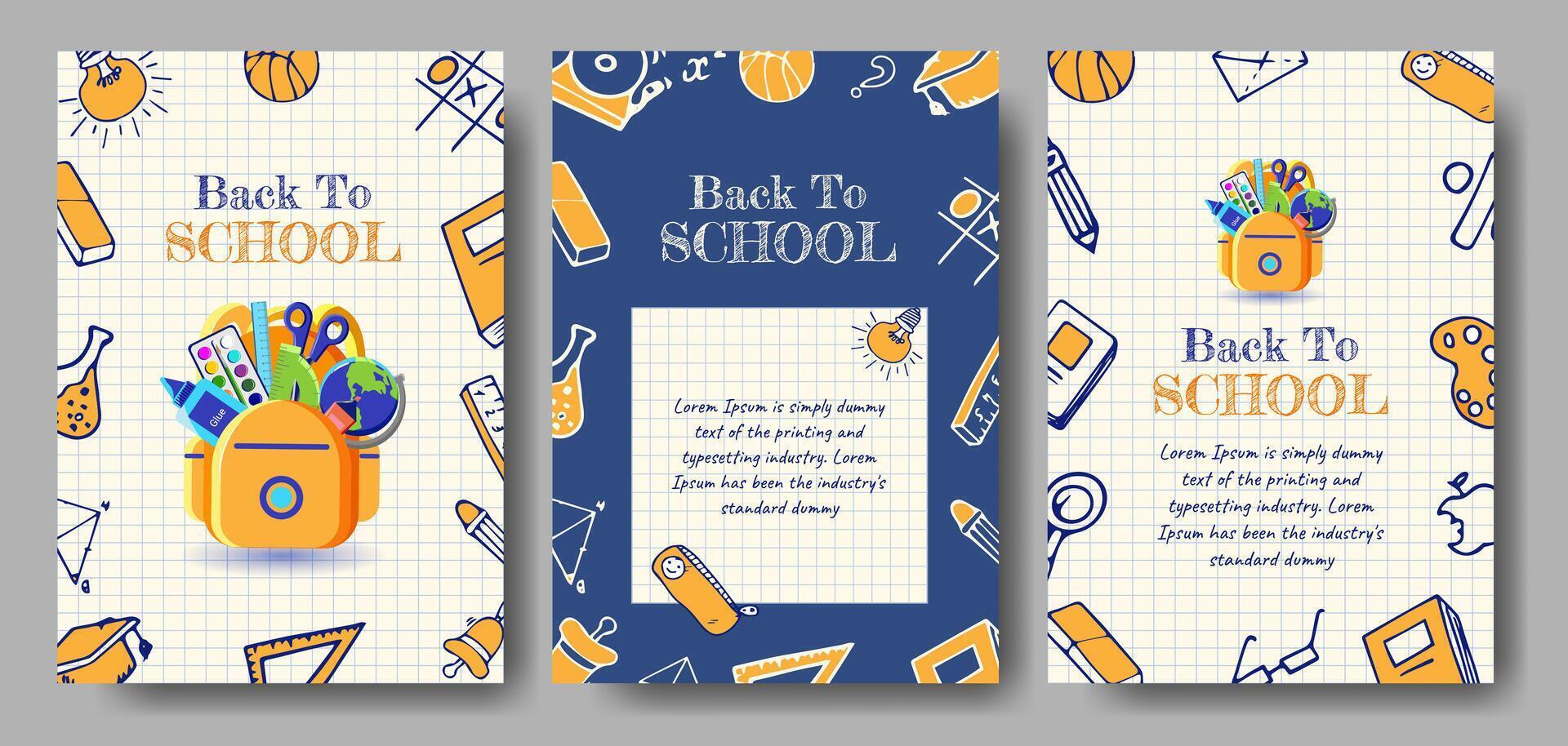 Back To School Banner Design Set with Doodle Education Icons, Bag with Supplies on notebook page background. Modern Trendy Welcome School Poster or Flyer for Sale, Invitation, Border, Cover. vector