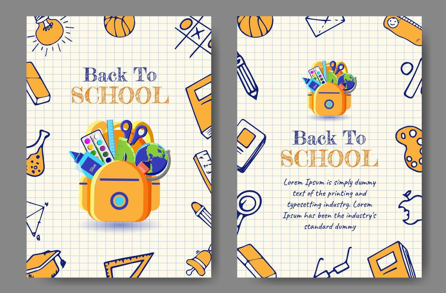 Back To School Banner Concept Design with Doodle Education Icons, Bag with Supplies on notebook page background. Modern Trendy Welcome School Poster or Flyer for Sale, Invitation, Border, Cover, Web. vector