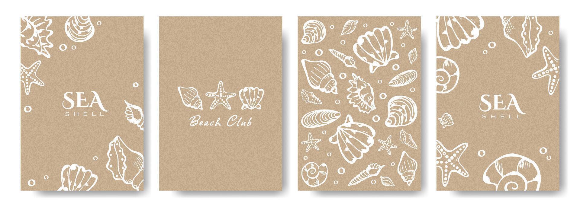 Modern Trendy Banner or Poster with Doodle Hand Drawn Sea Shell on Kraft Paper Background. Cute Elegant Seashell Wedding Birthday Invitation Greeting Card Template. Design Concept Vintage Style vector