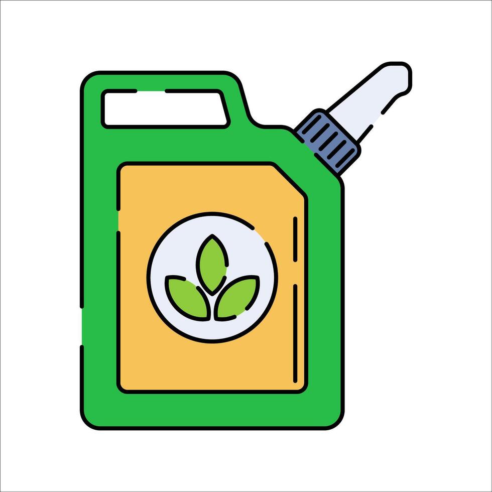 Biofuel Can Flat design style, green jerry can with leaf label, representing renewable biofuel, fits environmental designs, green energy promotions, and fuel industry use. vector