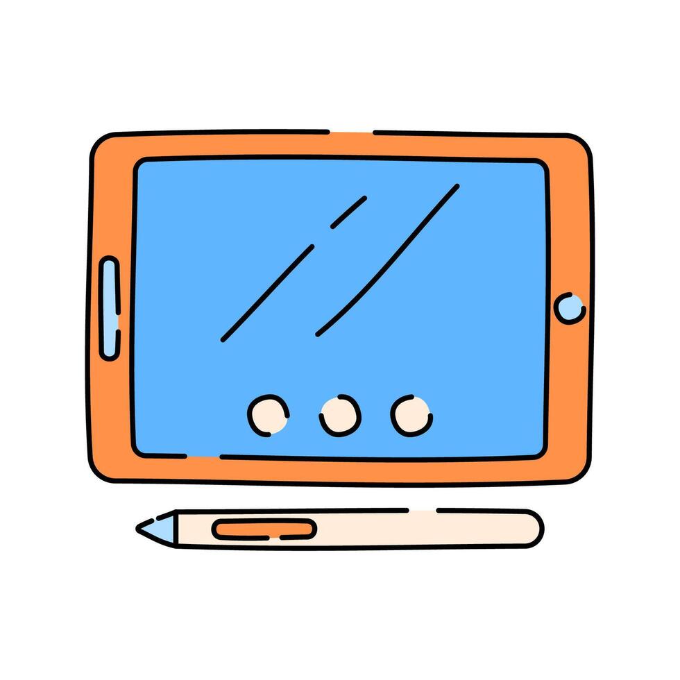Tablet Doodle style, tablet device with stylus, great for mobile tech illustrations, digital work visuals, and modern interfaces. vector