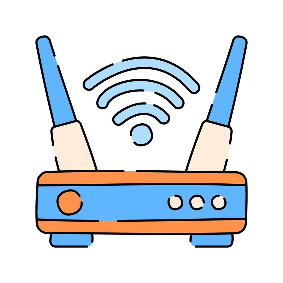 Router Doodle style, wireless router with signal icon, ideal for internet connection themes, tech infographics, and network graphics. vector