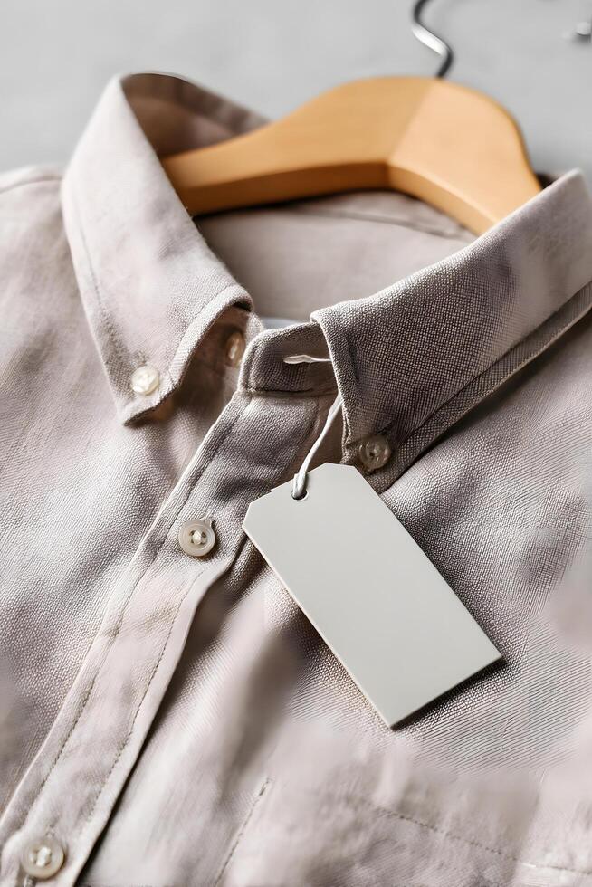 Blank hang tag on linen shirt lifestyle branding concept photo