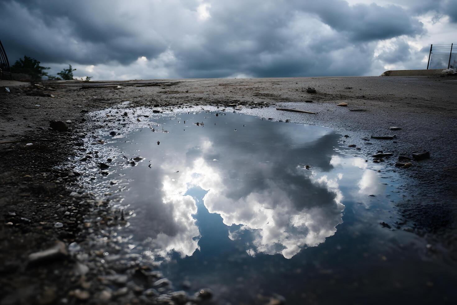 Cloudy sky reflected in a puddle photo
