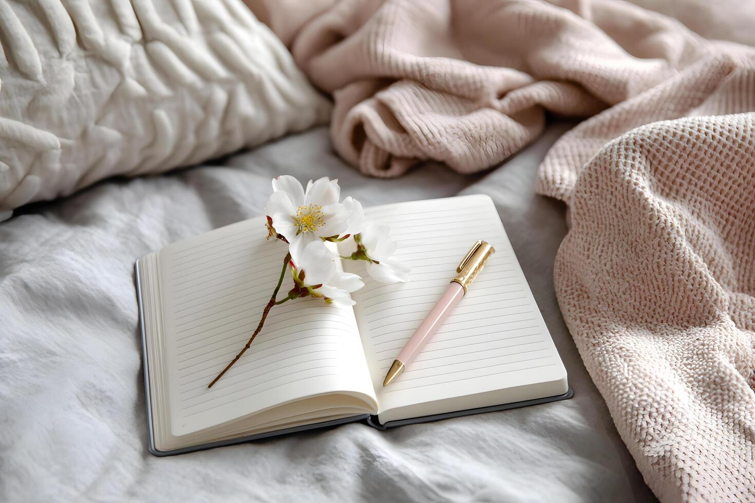 A peaceful morning with a gratitude journal and floral photo