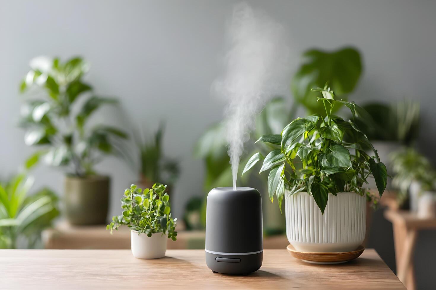 Indoor plants with an aromatherapy diffuser releasing steam photo