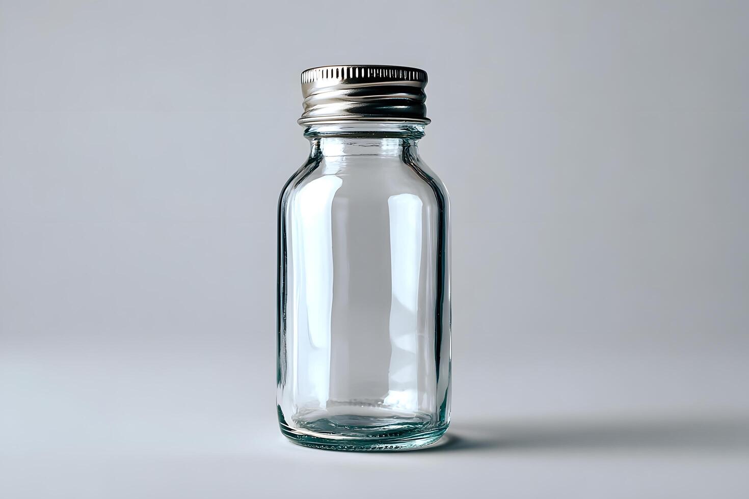 A simple glass bottle with a metallic cap on a plain background long title This image depicts a clear glass bottle with a shiny metallic cap placed photo