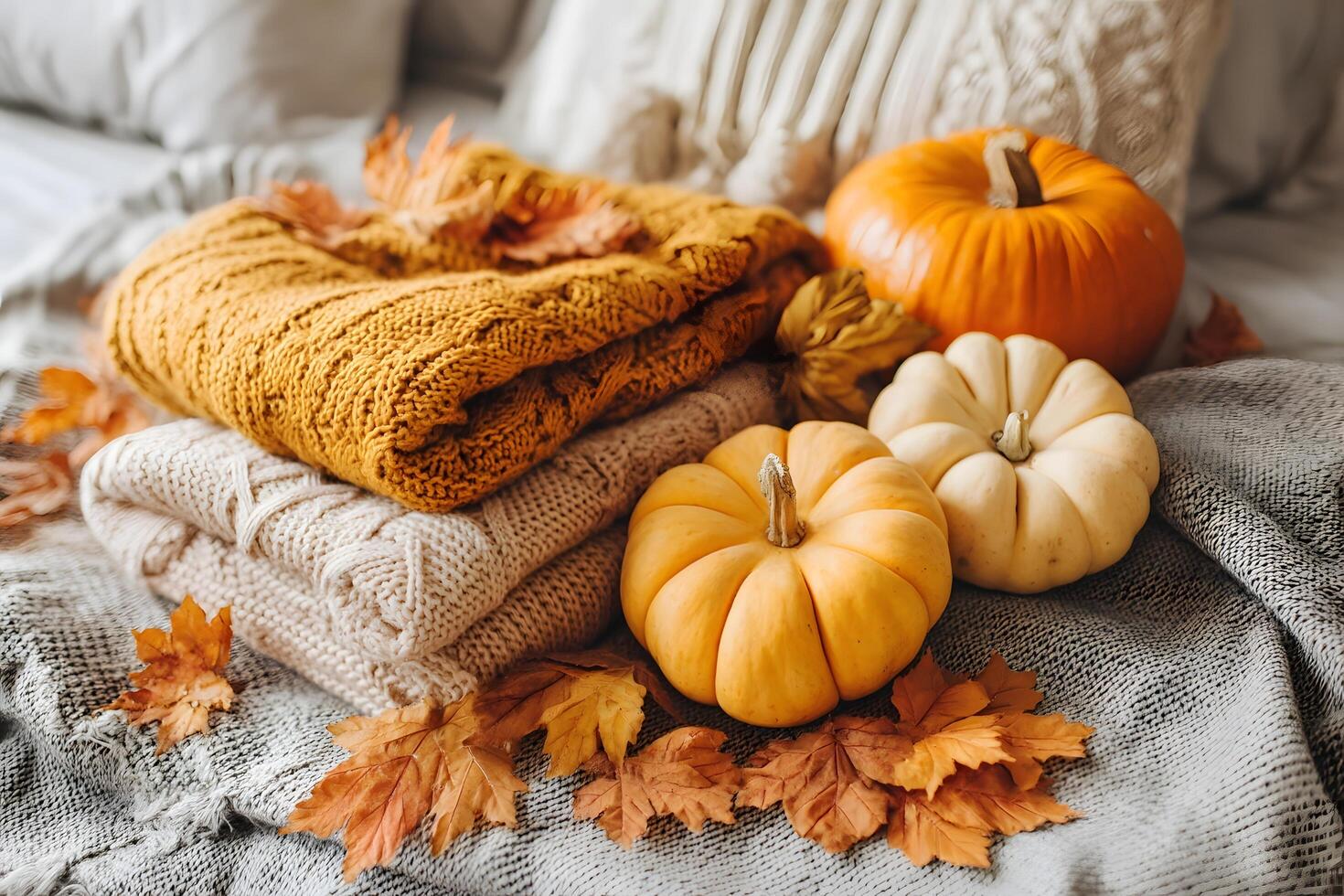 Cozy autumn still life with pumpkins and warm textiles at home photo