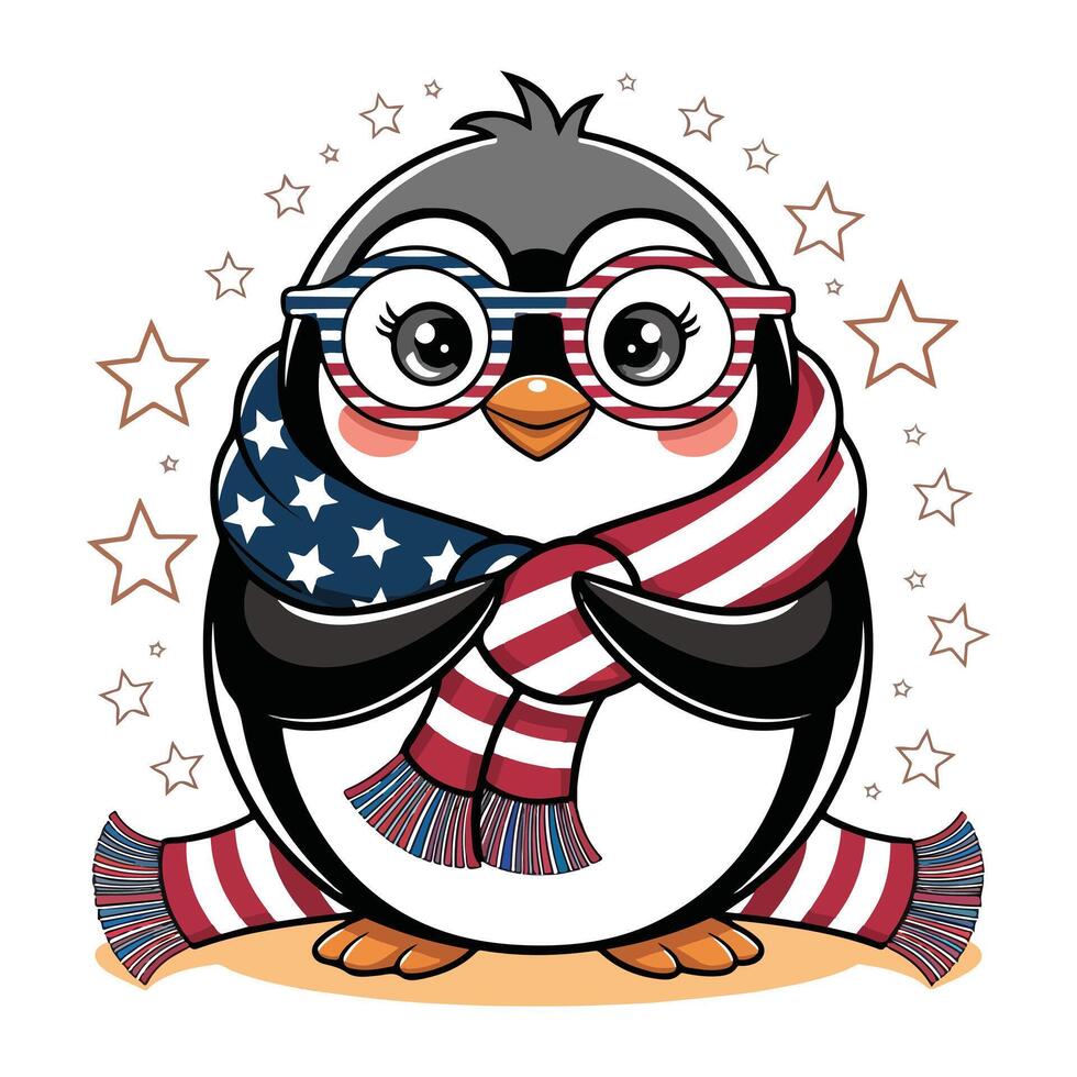Cool Penguin with USA Flag Scarf and Sunglasses vector
