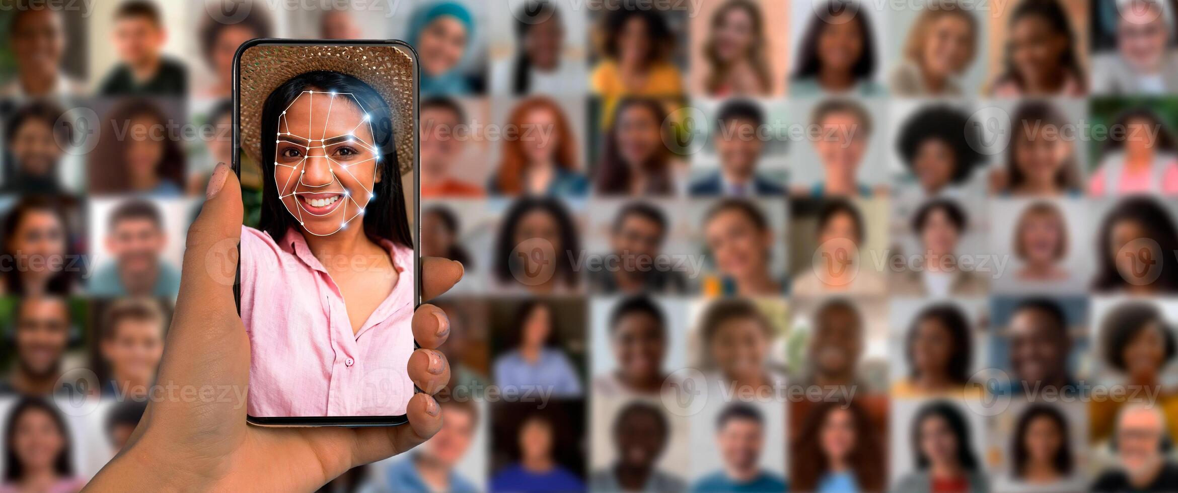 A person holds a smartphone showing a facial recognition display. Behind, a collage of diverse faces reflects the advanced technology in identification. photo
