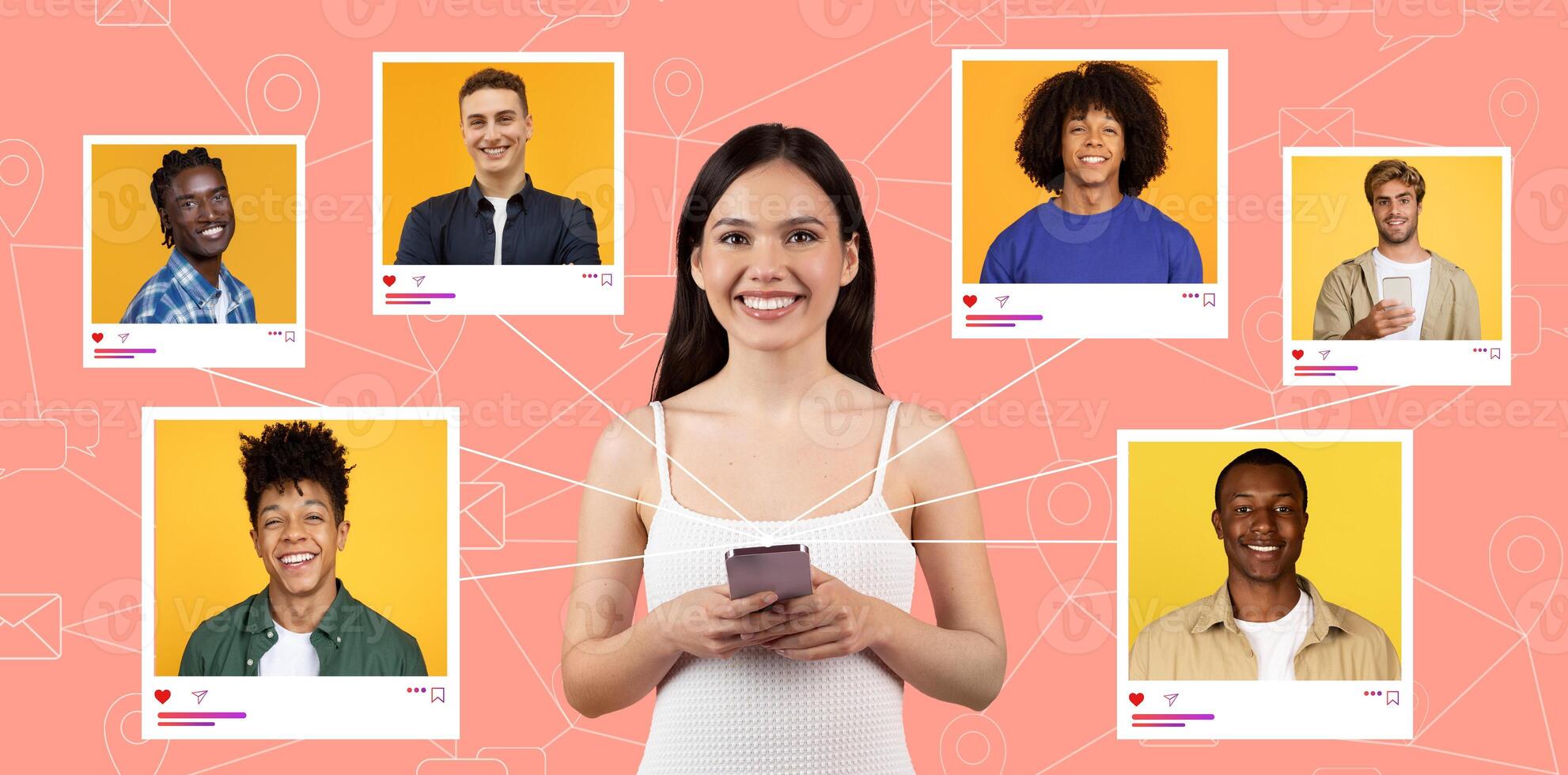 A young woman smiles while holding her phone, surrounded by colorful profile pictures of smiling friends. They engage in social media interactions on a bright background. photo
