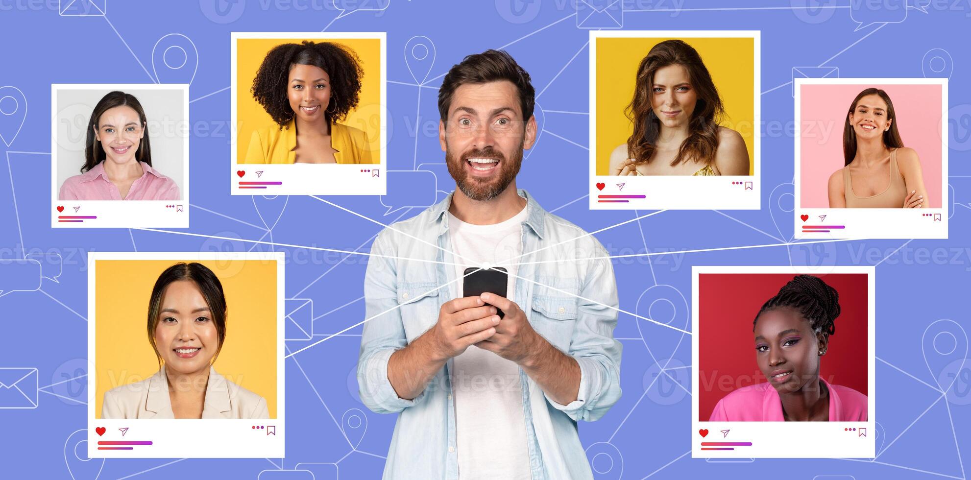 A man smiles while holding a smartphone, surrounded by images of women on colorful backgrounds. The setting suggests a virtual networking or dating context, emphasizing digital connections. photo