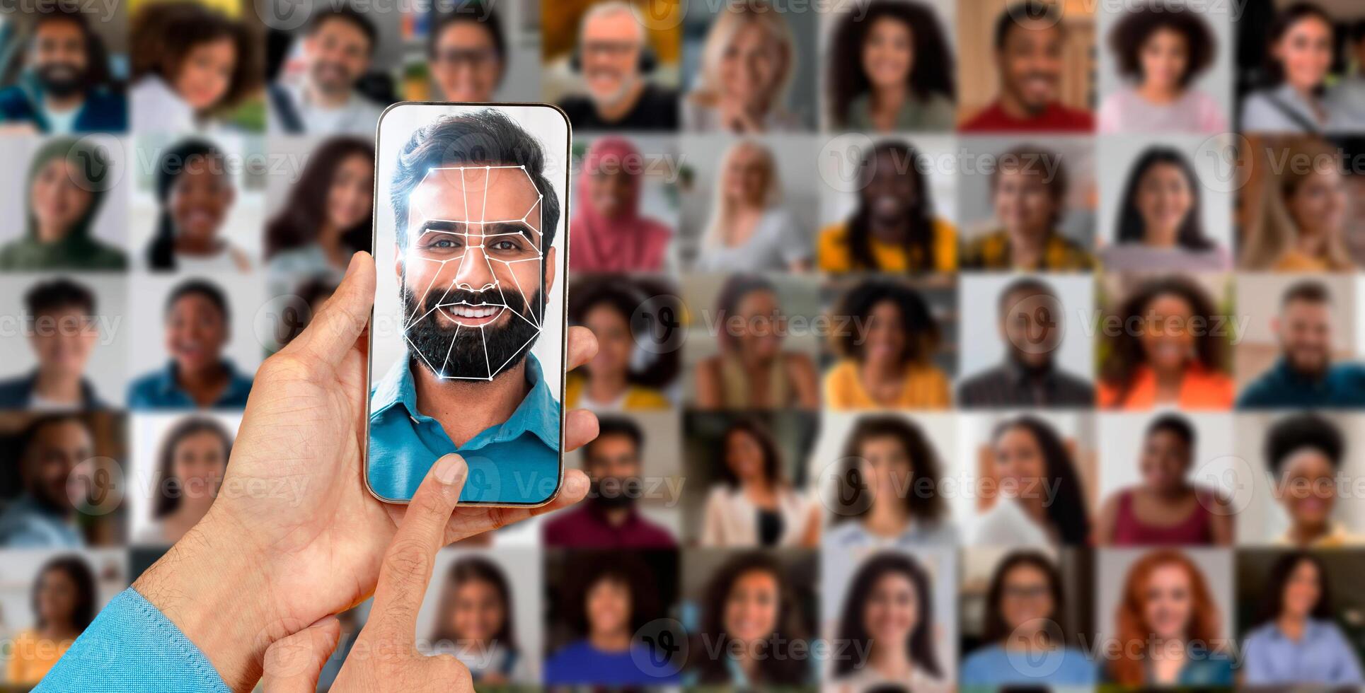 A person uses a smartphone to scan their face for identification. photo