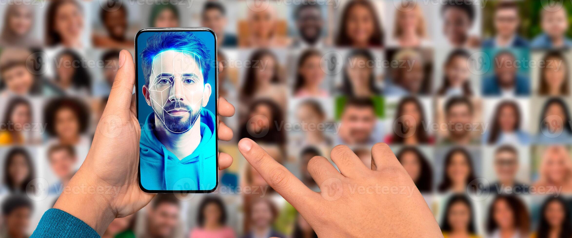 A person uses a smartphone to scan their face for identification. The device displays a digital portrait of the user. photo