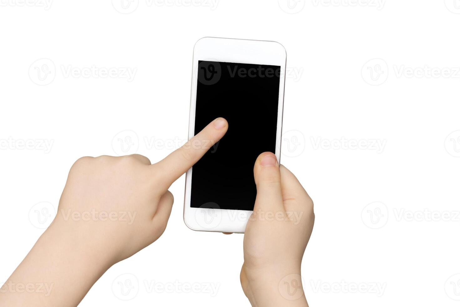 Kid holding blank mobile phone, cutout. Child hand with modern smartphone, white isolated background, copy space on screen photo