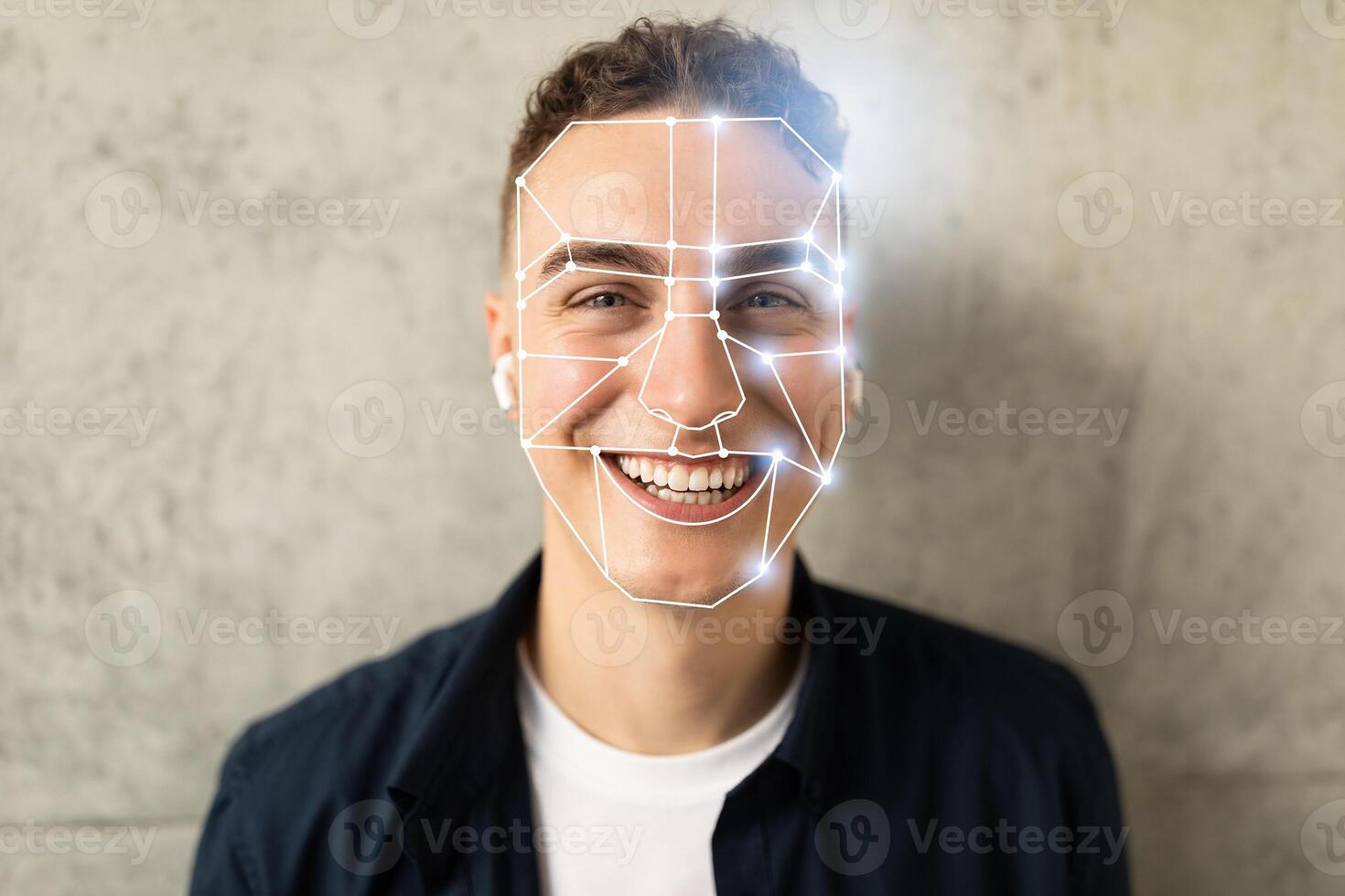 A young person smiles while facial recognition technology scans their face against a modern background. This scene embodies the new normal of identification checks in daily life. photo