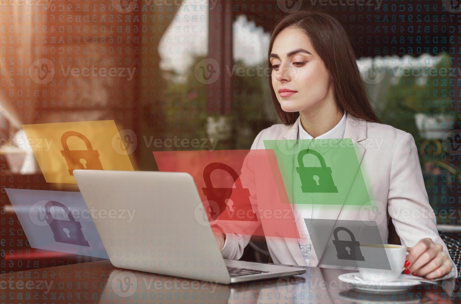 Work with blocked applications or cybersecurity. Busy business woman sitting at table in cafe, with cup of coffee and working on laptop, double exposure with abstract symbols of closed lock, collage photo
