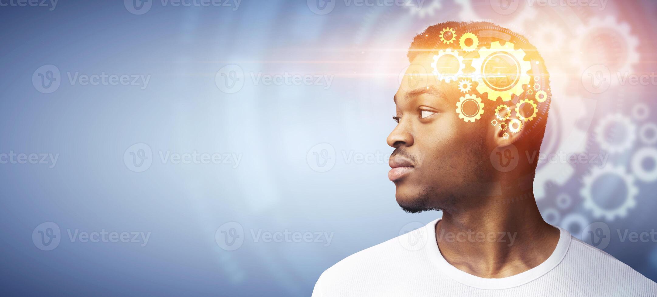 Collage of serious black guy with gears in his head thinking and looking at empty space over blue background. African American man pondering over innovative idea, searching for inspiration photo