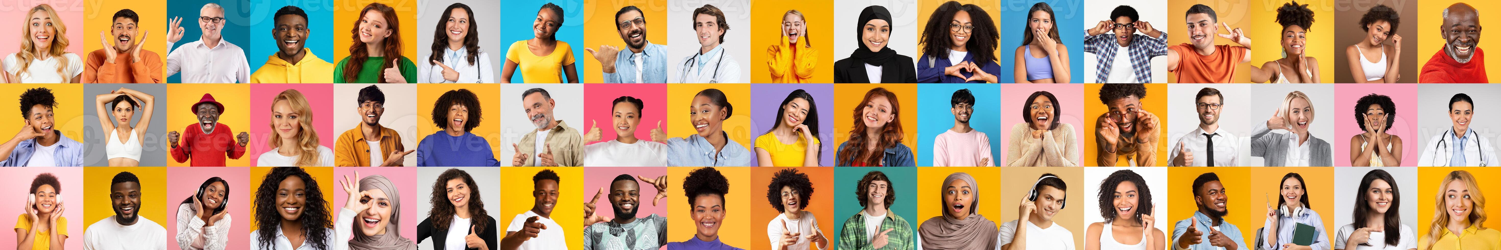 A lively collage showcases diverse individuals displaying joy and personality. Each person wears colorful attire, set against bright, contrasting backgrounds, celebrating multiracial unity. photo
