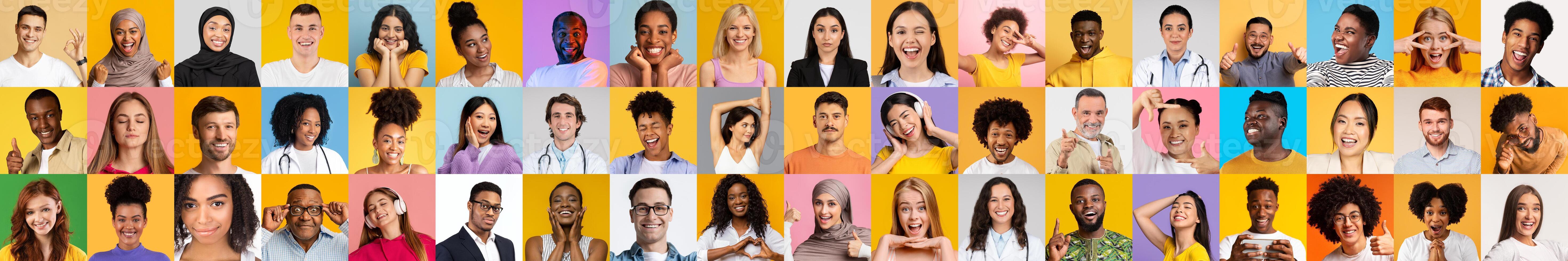 A vibrant collage features diverse individuals exhibiting a range of emotions. Each person represents different backgrounds and showcases a joyful demeanor against colorful backdrops. photo