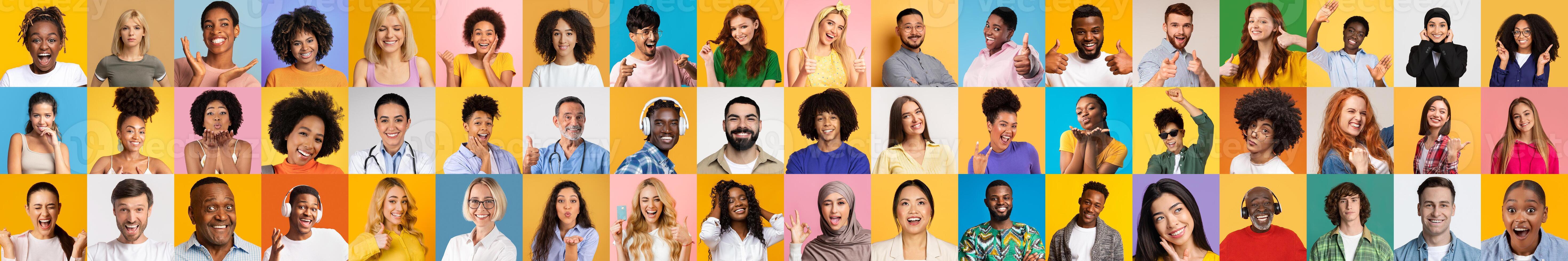 A vibrant collage displays a collection of diverse people smiling and expressing joy. Each individual represents different backgrounds and lifestyles, creating a lively and welcoming atmosphere. photo