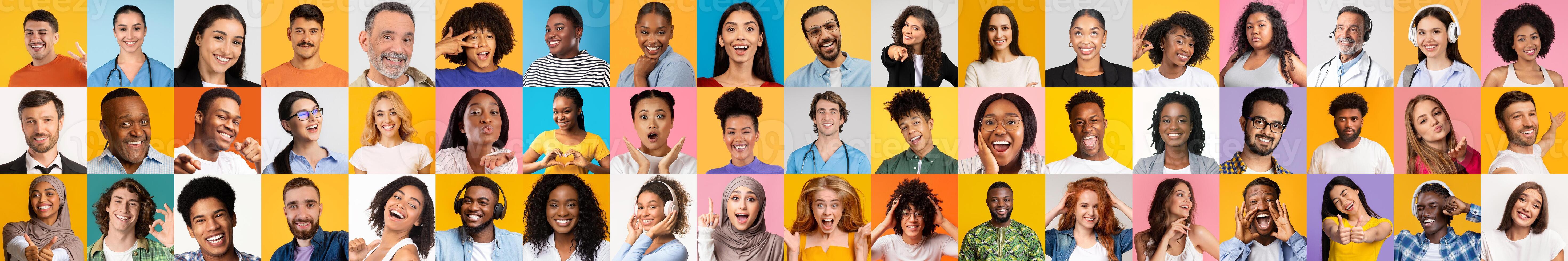A lively collection of portraits featuring diverse individuals expressing joy and togetherness. Each face highlights the beauty of multiracial representation against colorful backgrounds. photo