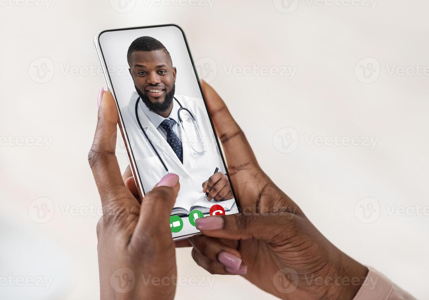 Handsome black doctor consulting female patient remotely by call on smartphone. Unrecognizable woman getting online consultation via web conference with her therapist, creative collage, closeup photo