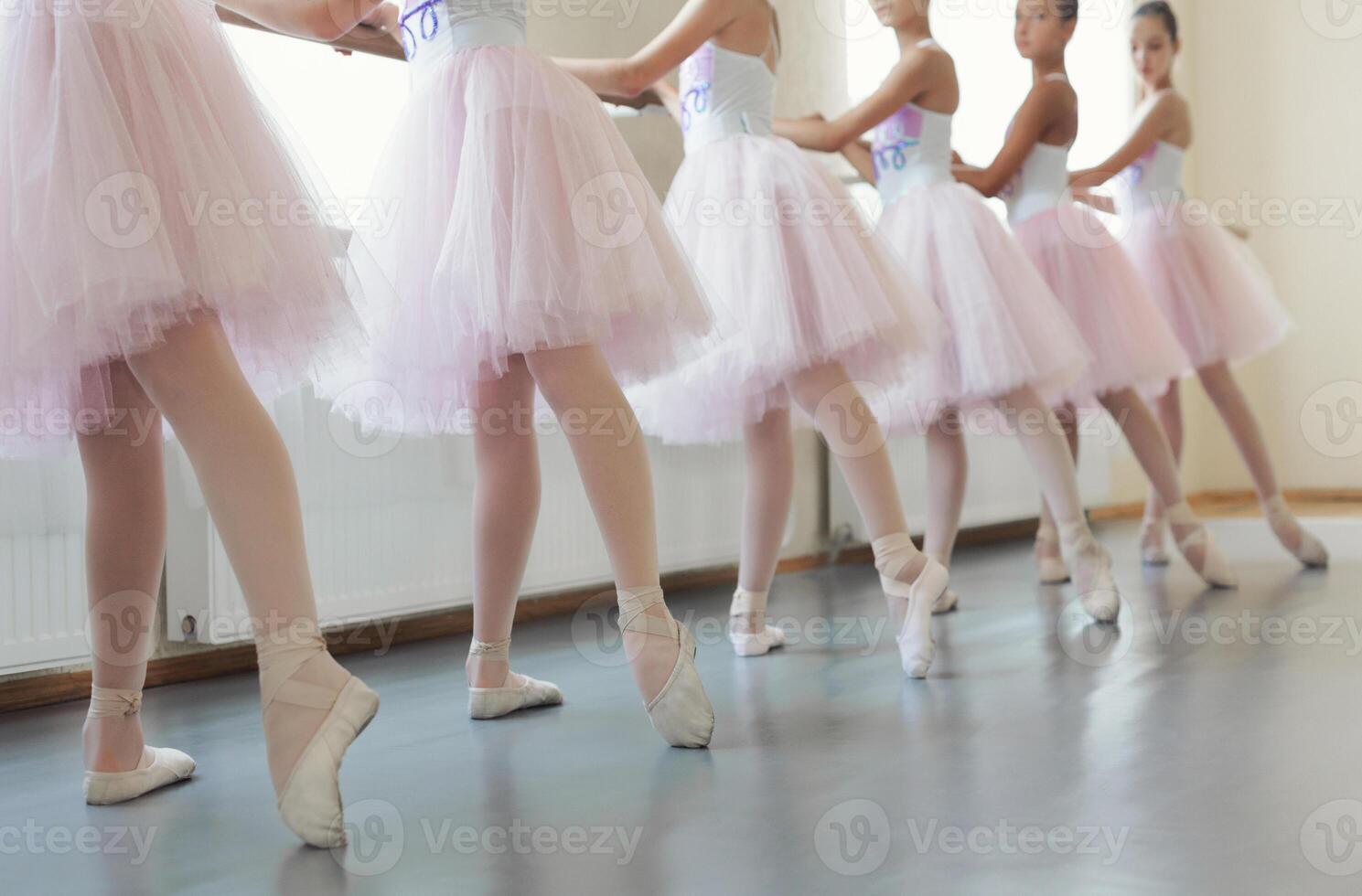 Ballerinas training at hall. Legs of young ballet dancers having practice near ballet barre photo
