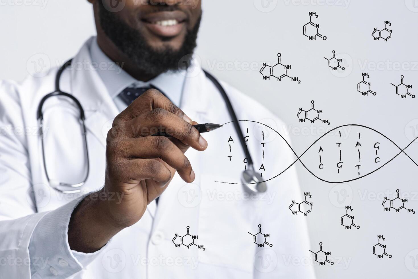 Decoding human genome. Black male doctor drawing DNA molecule on virtual screen, creative collage photo