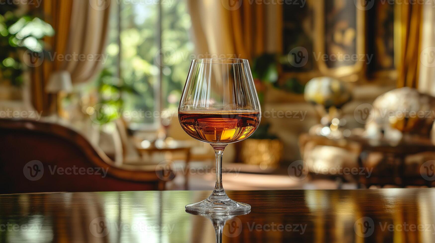 An elegant setting showcases an amber drink in a crystal glass amid stylish furnishings. photo