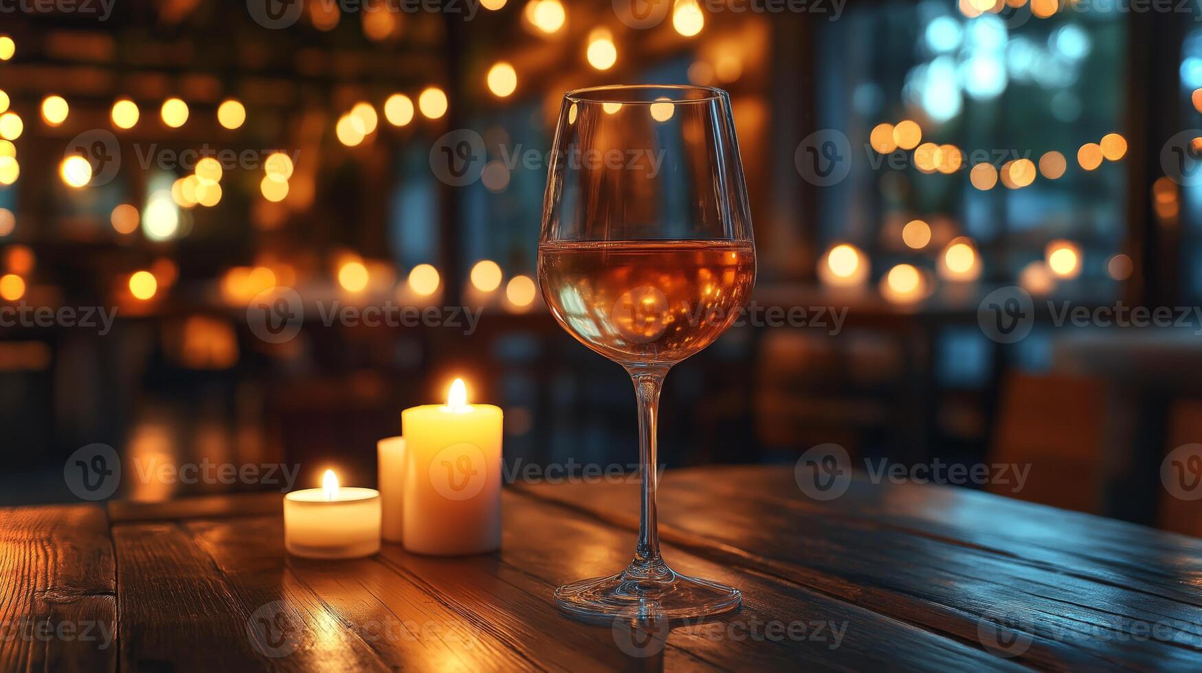 A wine glass filled with amber liquid sits on a wooden table next to lit candles in warm light. photo