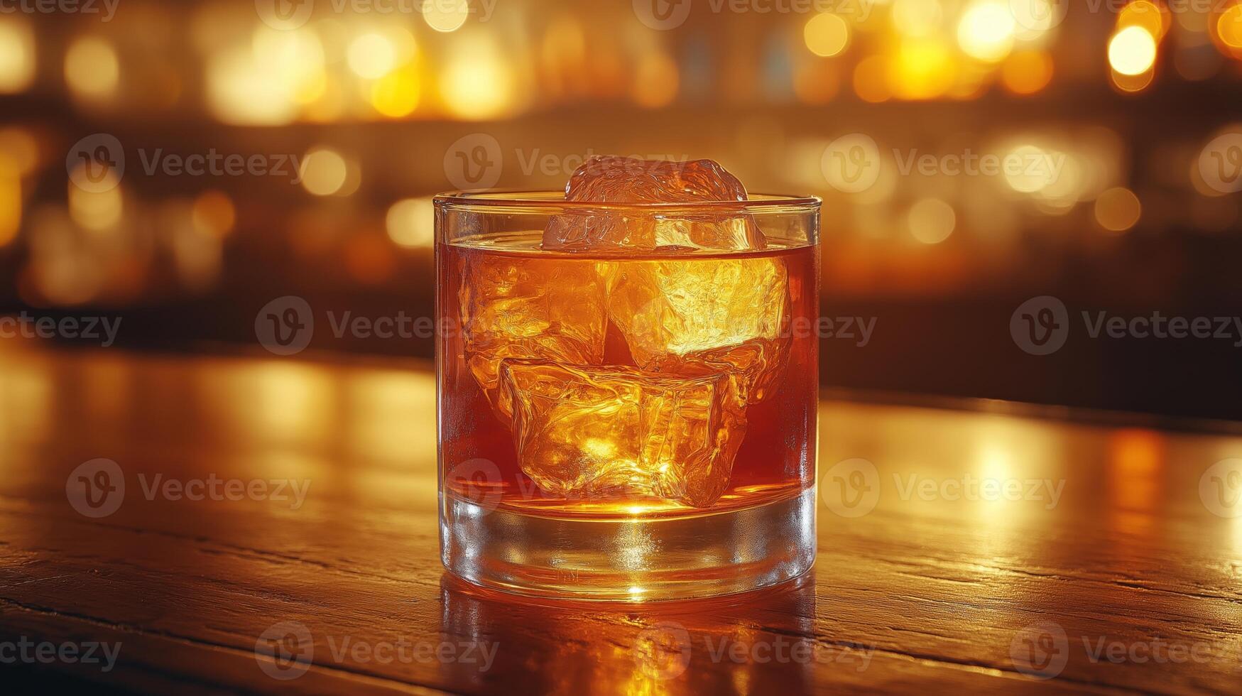 A glass of whiskey with ice sits on a wooden bar, warmly lit for a cozy vibe. photo