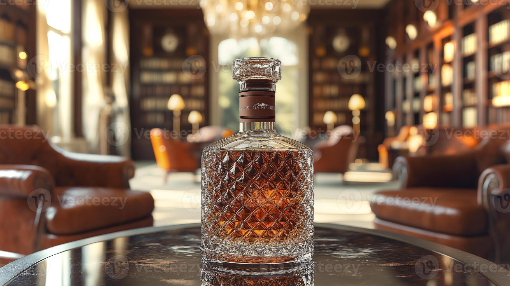 A whiskey bottle rests on a marble table, surrounded by brown leather chairs and shelves. photo