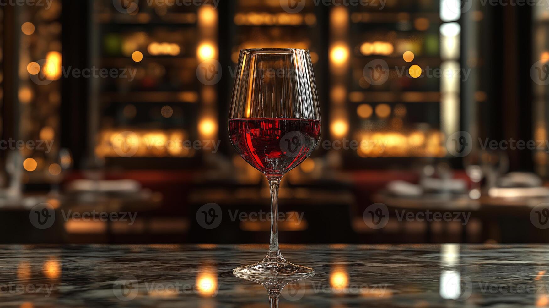 A solitary glass of red wine sits on marble, illuminated by soft lights in a cozy restaurant. photo