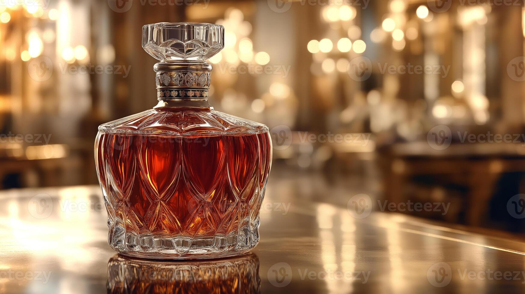 A crystal decanter gleams on the bar, showcasing deep amber liquor in a lavish setting. photo