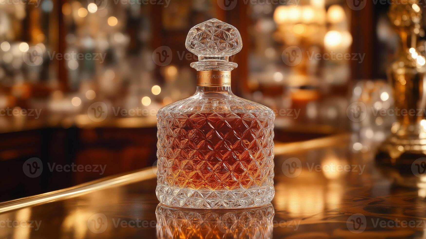 A stunning crystal decanter holds a deep amber liquid, showcasing its beauty on a grand bar setting. photo
