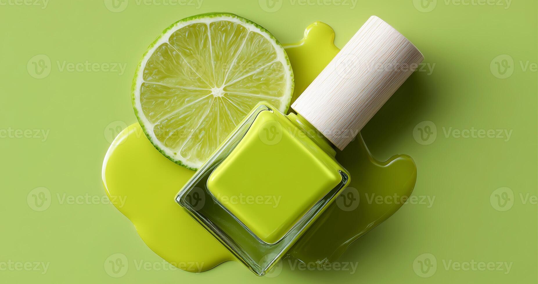 A close-up of a luxury gel nail polish bottle with a fresh lime slice beside it. photo