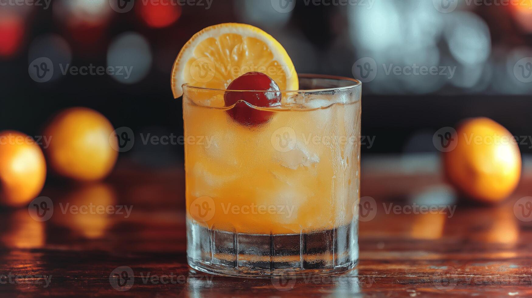 Bright cocktail with ice, lemon, and cherry resting on a bar with blurred bottles behind. photo