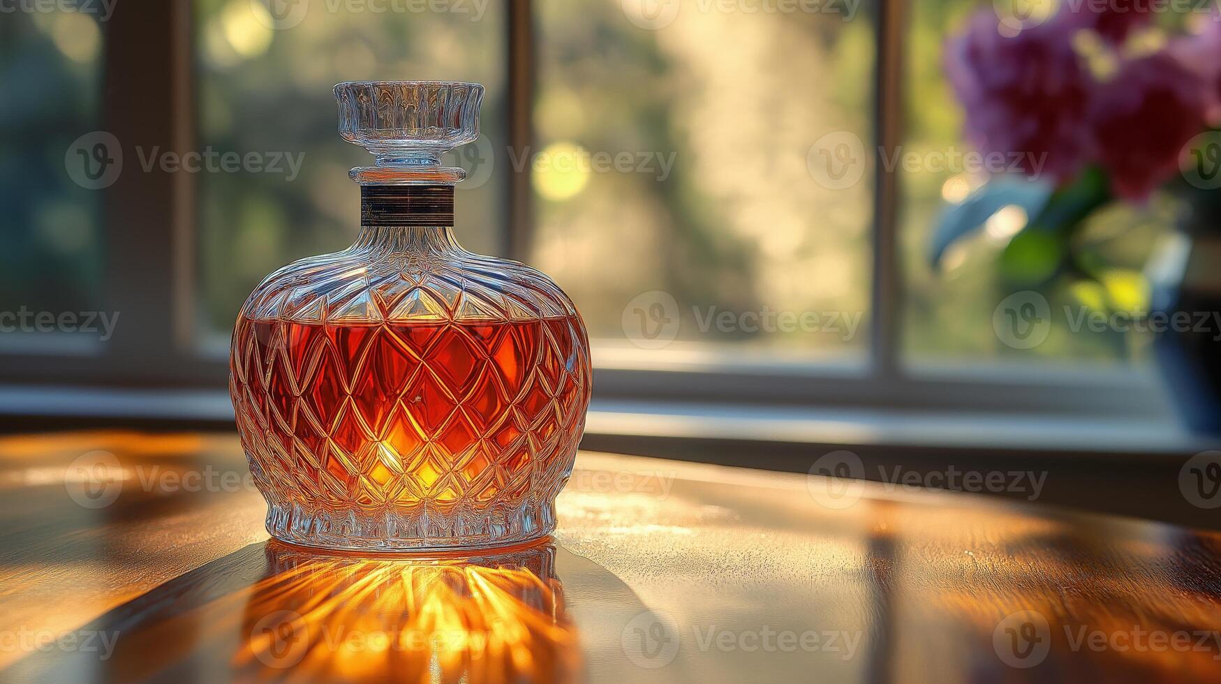 A glass decanter shimmers with amber liquid on a wooden surface, lit by sunlight. photo