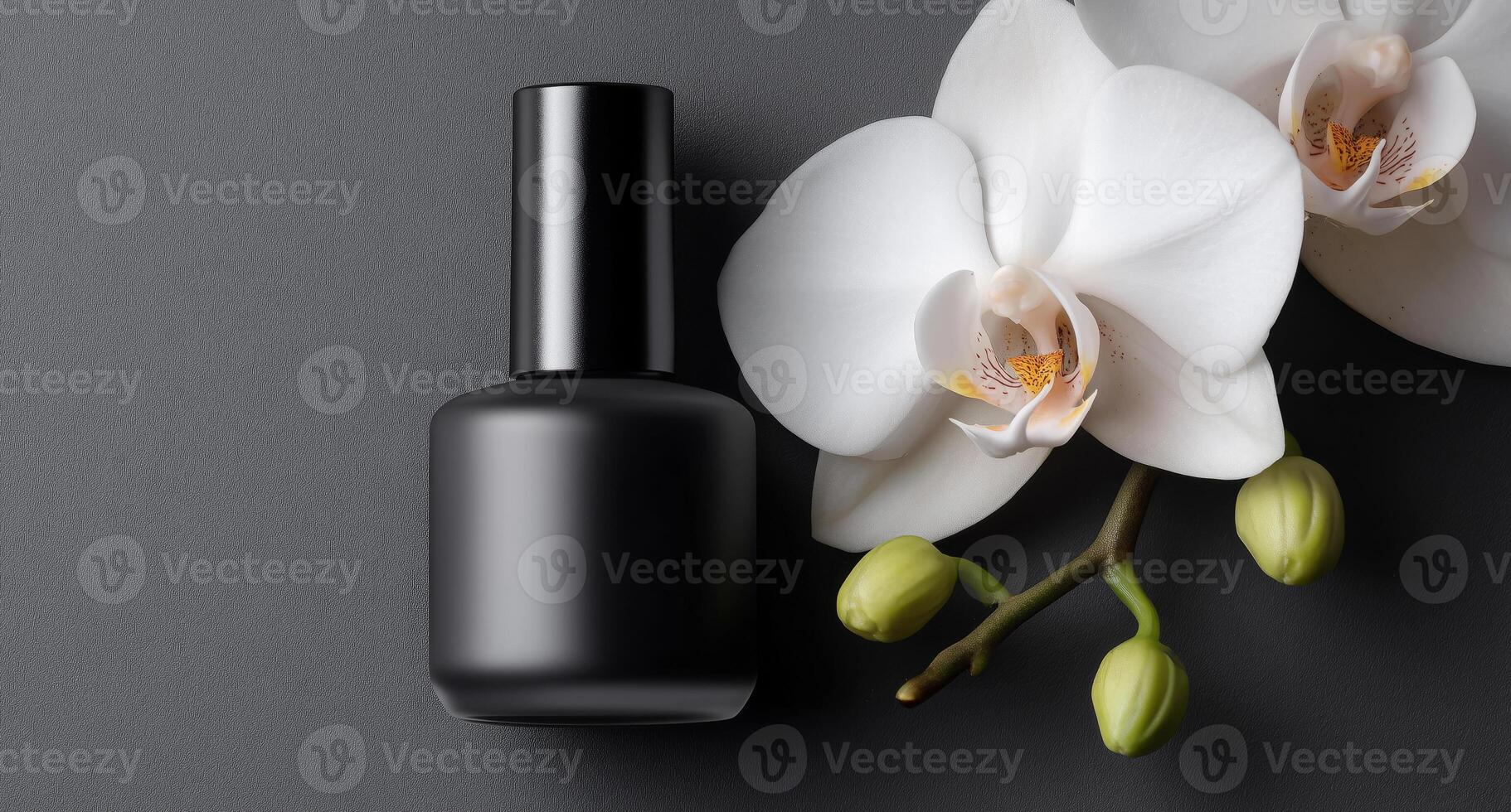A stylish gel nail polish bottle is paired with white orchids and delicate buds, capturing the essence of luxury. Perfectly arranged, the scene highlights manicure artistry and beauty products. photo